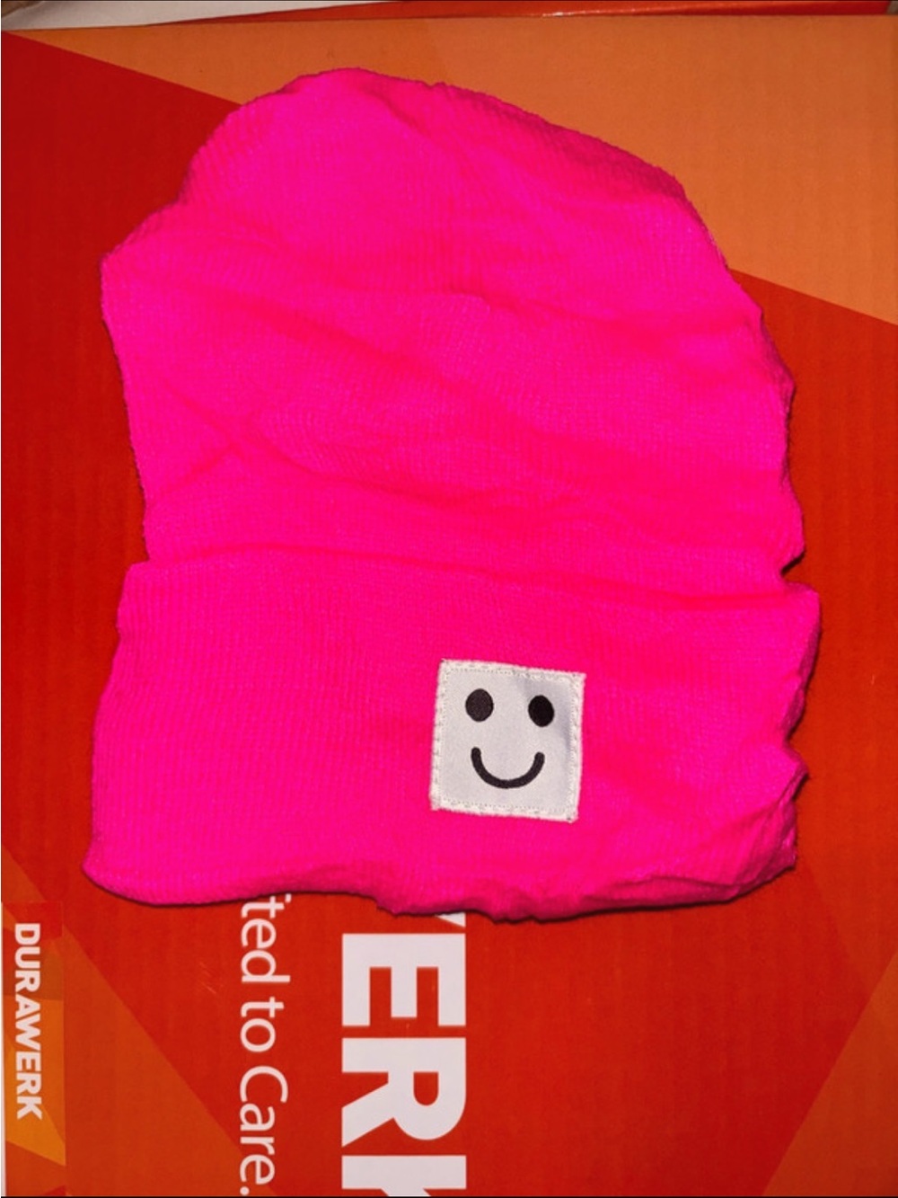 Kids Bright Pink Beanie Hat with Smiley Patch
